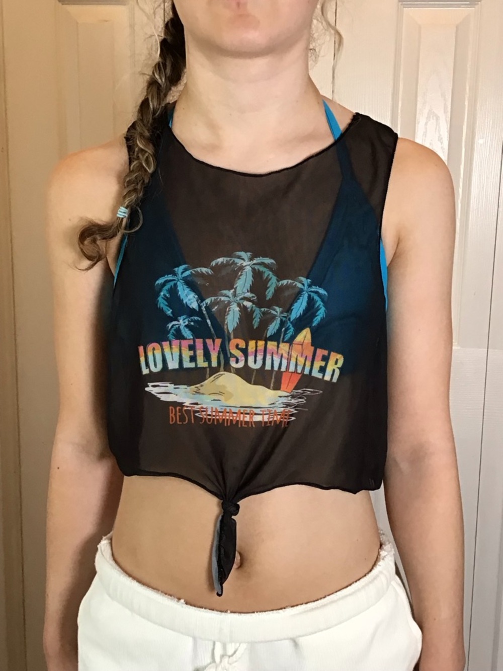 NWOT Lovely Summer Sheer Black Retro Swimsuit Cover Up Crop Top Tie Front M